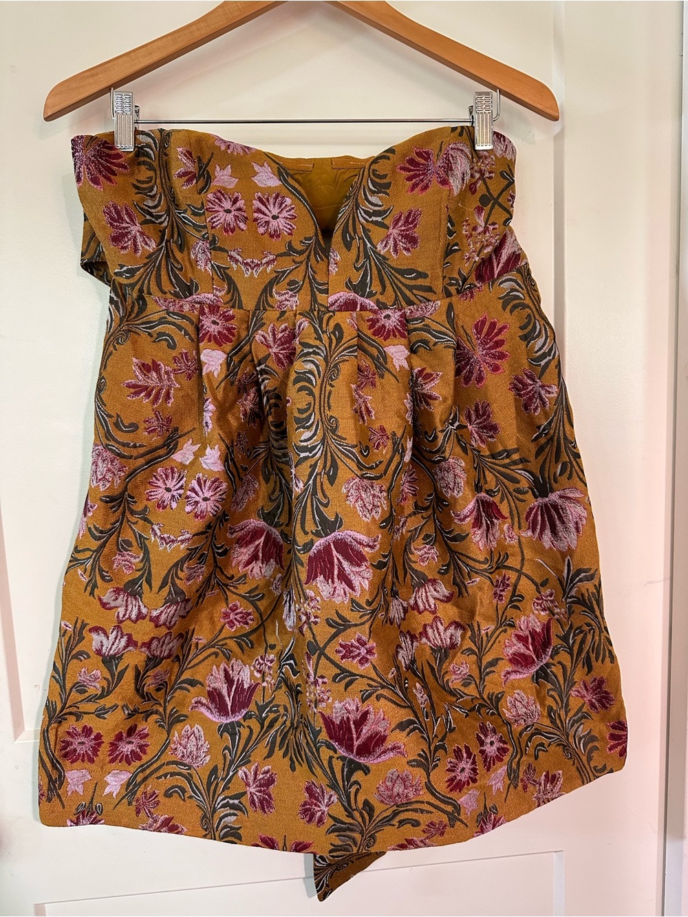Free People Mustard Floral A-Line Skirt with Pink and Burgundy Accents